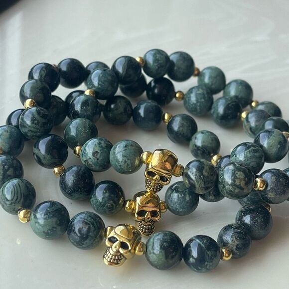 Kambaba skull crystal stone ONE NEW stretch bracelet green black handmade medita - Picture 7 of 9
